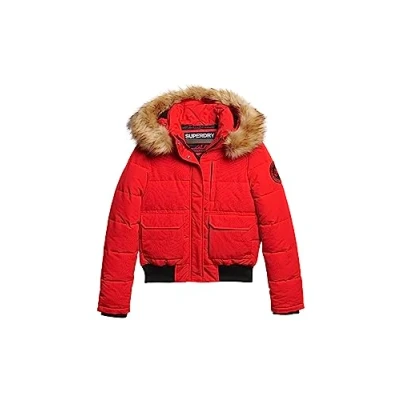 Image of Superdry Women&#039;s Everest Hooded Puffer Bomber Jacket, High Risk Red, UK 14