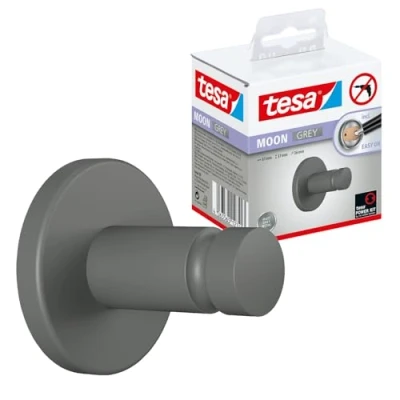 Image of tesa MOON GREY Towel Hook, matt grey, for bathroom and WC bathrooms in industrial style modern drill free, incl. adhesive solution 37 mm x 36