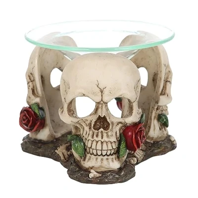 Image of Ghostly Skull Rose Oil Burner: Alluring Wax Warmer with Red Roses for Haunting Home Fragrance