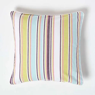 Image of HOMESCAPES 100% Cotton Osaka Stripes Cushion Cover 45 x cm Square 18 Inches Green Blue White Purple Sofa Pillow Washable