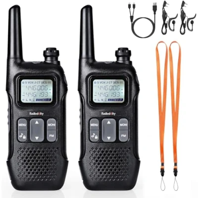 Image of Radioddity PR T1 PMR446 Radio Set with LC Display, Walkie Talkie 4 km Range, 16 Channels Licensed Free Rechargeable Battery Headset for Adventure, Outdoor, Camping, 2 Pieces