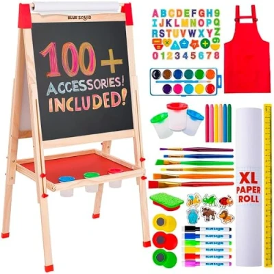 Image of Blue Squid Art Easel for Kids Dual Sided Adjustable Wooden Painting Easels with Magnetic Chalk Board, White Board &amp; Paper Roll Includes 100+ Accessories Toddlers Children 3 to 12