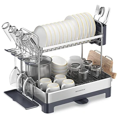 Image of SONGMICS Dish Drying Rack, 2 Tier Rack for Kitchen Counter with Rotatable and Extendable Drain Spout, Drainer Utensil, Cup, Glass, Cutting Board Holders, Gray KCS032E01