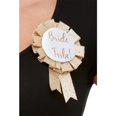 Image of Smiffys Bride Tribe Rosette, Rose Gold, Hen &amp; Stag Night Fancy Dress, Adult Dress Up stag/adult items
