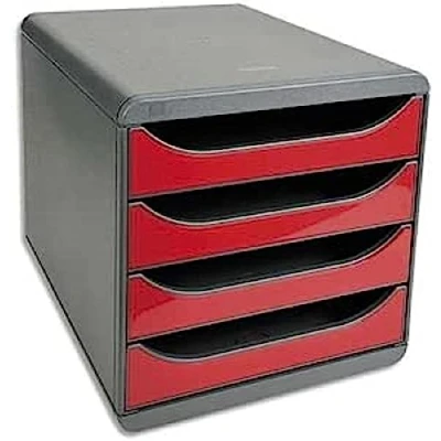 Image of Exacompta Ref 310718D BIG BOX Desktop Drawer Set 4 x 55mm Drawers, Suitable for A4+ Documents, 347 278 267mm, 100% Recycled Plastic Black/Dark Red