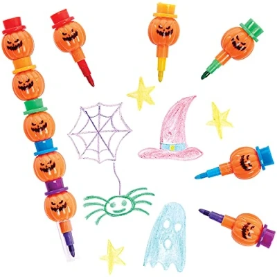 Image of Baker Ross FX439 Pumpkin Pop a Crayons Pack of 6, Halloween Party Bag Fillers for Kids, Kids Colouring Crayons, Stacking Crayon