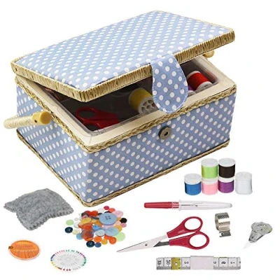 Image of Sewing Box with Kit Accessories, D&amp;D Wooden Basket Organizer Accessories for Home, Travel, Blue Polka Dot
