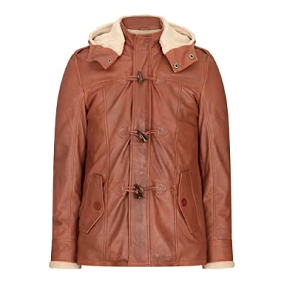 Image of TruClothing Mens Real Leather Coat 3/4 Hooded Safari Warm Brown Tan Fisherman Fleece 5XL
