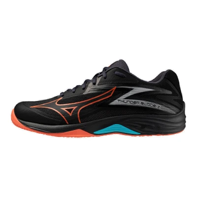 Image of Mizuno Thunder Blade Z Volleyball shoes, Men&#039;s, Size: 9.5, Black/neon flame/peacock blue Textile/synthetics