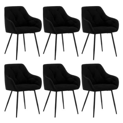 Image of WOLTU Set of 6 Dining Chairs Kitchen Upholstered Living Room with Backrest, Armrests, Metal Legs, Ergonomic for Lounge, Office, Dressing Table Chairs, Velvet, Black