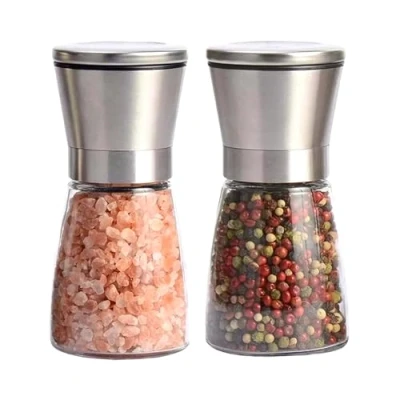 Image of Requisite Needs Salt and Pepper Grinder Mill Set Shakers Brushed Stainless Steel Glass Body Adjustable Coarseness Spice Silver
