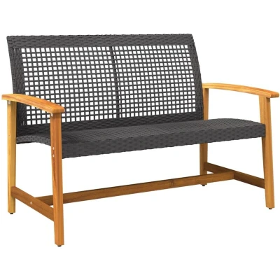 Image of vidaXL Garden Bench Black 112 cm Poly Rattan and Acacia Wood