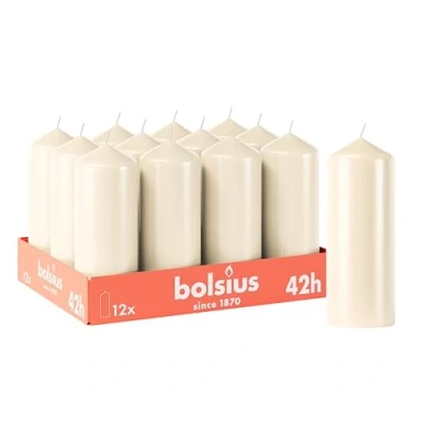 Image of Bolsius Smooth Pillar Candles Ivory Pack of 12 15 x 6 cm Decorative Household Burning Time 42 Hours Unscented Contains Natural Plant Wax Without Palm Oil