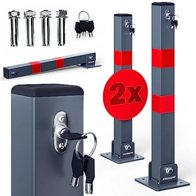 Image of DEUBA® 2X Car Security Barrier for Driveways Telescopic Retractable Parking Space Bollard 3 Keys Pre Drilled Base Plate, Reflective Strips