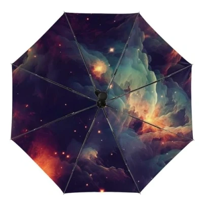 Image of DELIBEST Mysterious Nebula Umbrella, Windproof Travel Universe Space Umbrellas, Automatic Folding Rain Light Portable Strong Umbrellas