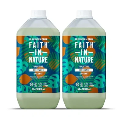 Image of Faith In Nature Natural Coconut Hand Wash and Body Set, Vegan &amp; Cruelty Free, No SLS or Parabens, 2 x 5L Pack