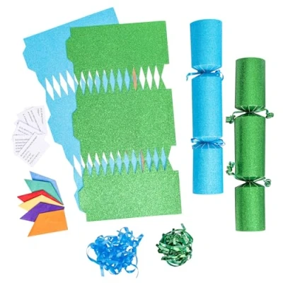 Image of evelay 12 Make Your Own Christmas Cracker Kit DIY Green &amp; Blue Glitter Crackers Hats Snaps Jokes (Green, Blue)