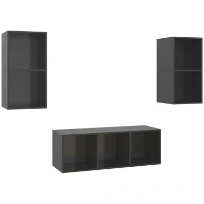 Image of vidaXL 3 Piece TV Cabinet Set High Gloss Grey Engineered Wood