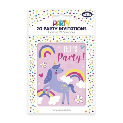Image of Eurowrap Pack of 20 Unicorn and Rainbow Party Invitations with Envelopes, 10 x 12.5 cm