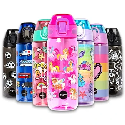 Image of Fringoo 600ml Kids Water Bottle with Straw &amp; Fliptop Lock 100% Leakproof BPA Free for School Magic Unicorn