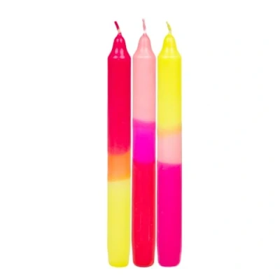 Image of Ombre Tapered Dinner Candles Unscented Neon Pink Orange and Yellow by Talking Tables 3pack, 20 cm, Marble Sherbut