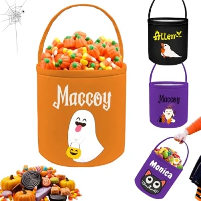 Image of Morlavid Personalised Halloween Baskets for Kids Custom Name Trick or Treat Buckets Customised Candy Bags Gift Boys Girls,O M
