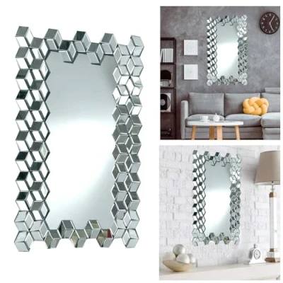Image of ARA CHOICE 80x60cm Large Modern Sophisticated Rectangle Glass Wall Mirror Decorative Art Hanging Living Lounge Bathroom Elegant Artistic Look Venetian Beveled Edges Hall Mount For Home