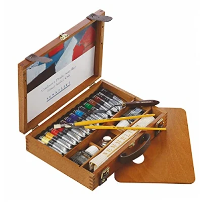 Image of Sennelier Artist Oil Paint Set, 15x21ml Tubes, Palette, Brushes, Cloth, Wooden Box