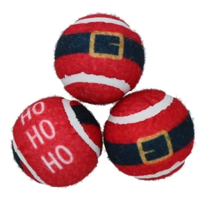 Image of AB Tools 3PK Dog Red Festive Themed Tennis Balls Ball Mad Xmas Gift