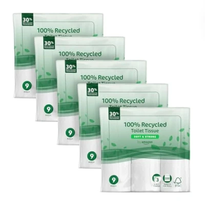Image of by Amazon Toilet Roll, 3 ply 100% Recycled, Soft and Strong, 45 Rolls (5 Packs of 9), 200 Sheets per FSC Certified