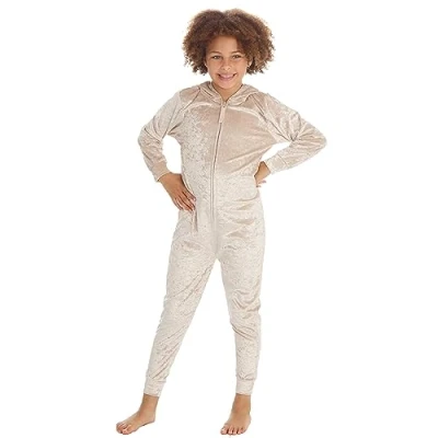 Image of Metzuyan Kids Girls Crushed Velvet Onesie All in One Piece Pyjama Velour PJs Gold 7 8 Years