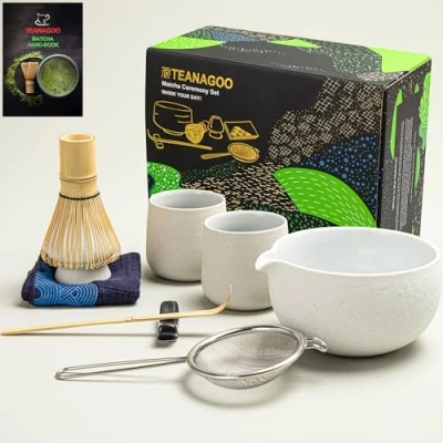 Image of TEANAGOO Matcha Whisk Set Bowl with Pouring Spout Bamboo Scoop Holder Tea Making Kit. 1 Japanese (7pcs) +2 Cups(7.2oz), S3,Lt.Grey, Color Box Packing