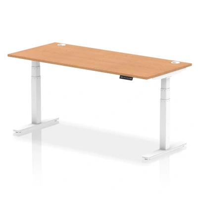 Image of Air 1800 x 800mm Height Adjustable Desk Oak Top Cable Ports White Leg