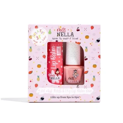 Image of Miss Nella Nail Polish + lip balm set Special PEACH Glitter for Kids SLUSHIE, with Peel off, Water Based &amp; Odour Free Formula BUTTER CHEEKS pink hypoallergenic
