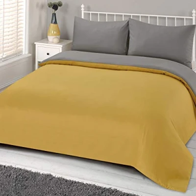 Image of Brentfords Plain Dye Duvet Cover Quilt Bedding Set With Pillowcase, Ochre Yellow Mustard Grey Double