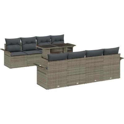 Image of vidaXL 9 Piece Garden Sofa Set with Cushions Grey Poly Rattan