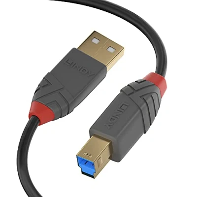 Image of Lindy 1m USB 3.2 Cable. A Male to B 3.0 Type B, Monitor Upstream Cable, External Hard Drive, Scanner, Printer, Anthra Line, Black