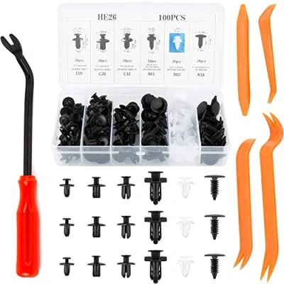 Image of 100 Pieces Car Push Rivets with Fastener Remover, 6 Sizes Body Retainers 4 Auto Trim Removal Tool Plastic Retainer Clips Kit for Bumper Door Panel