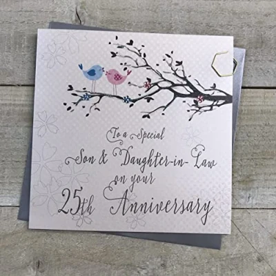 Image of WHITE COTTON CARDS Son &amp; Daughter in Law 25th Wedding Anniversary Card Birds and Tree branch