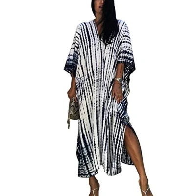 Image of YouKD Print Floral Long Kaftan V Neck Robe Boho Beach Swimsuit Cover Up Maxi Dress for Women