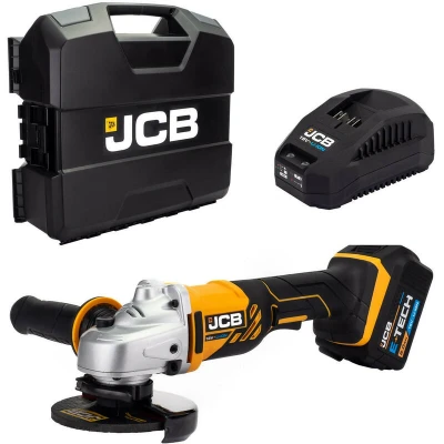Image of JCB 18v Cordless Angle Grinder, 5.0Ah Battery, Fast Charger, 115mm Blade Diameter, 3 Position &amp; Anti Vibration, Tool Free Adjustable Guard in Power Case, Year Warranty