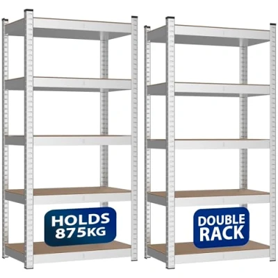 Image of ZENO 5 Tier Garage Shelving Units Set of 2 Heavy Duty For Storage Metal Shelves Easy To Assemble 875KG Load Capacity (Silver, Regular)