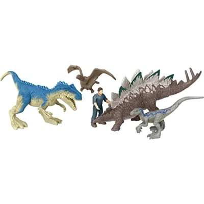 Image of Mattel Jurassic World Dominion Chaotic Cargo Pack of 5 Mini Figures, 1 Human &amp; 4 Dinosaur Toys in Truck Themed Package