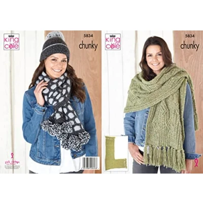 Image of King Cole Ladies Chunky Knitting Pattern Womens Accessories Scarf Hat &amp; Wrap (5834)