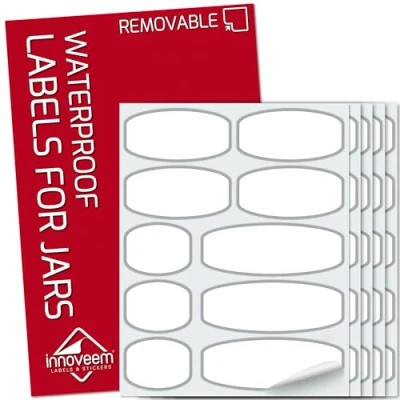 Image of 100 Waterproof Labels for Jars 3 Sizes of Sticky and Bottles, Self Adhesive Jar Labels, Easy Removable Storage Jars, Jam &amp; Chutney Preserving Stickers by Innoveem