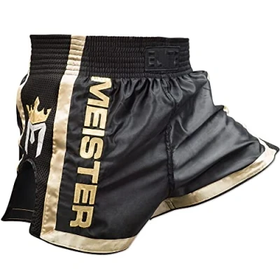 Image of Meister Elite Muay Thai Shorts Fully Elasticated Waist w/Mesh Black/Gold Small (30 31)