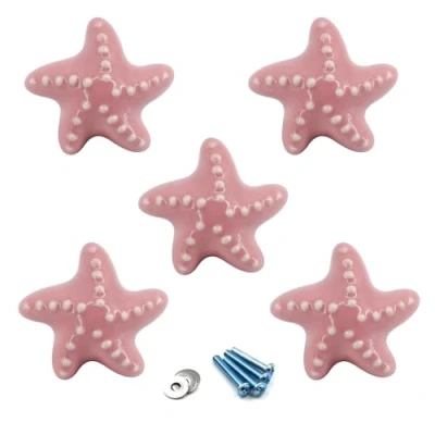 Image of Flomore Pink Drawer Knob Ceramic Cabinet Knobs Kids Room Handle Pull Starfish Shape For Dresser Drawers (Pack of 5 Screws Included)