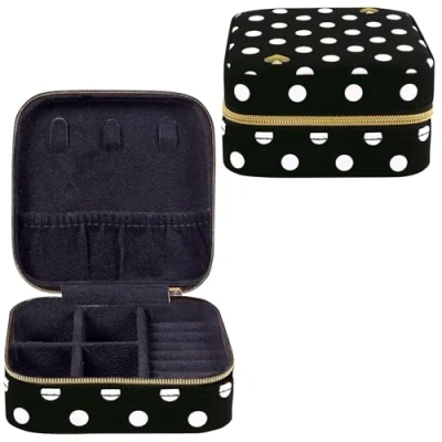 Image of kate spade new york Small Travel Jewelry Case, Black Dotted Box to Organize Rings, Necklaces, Earrings, Polka Dot
