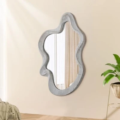 Image of Irregular Wooden Framed Wall Mirror Modern Asymmetrical Unique Hanging Artistic Cloud Shape Decor Bathroom Vanity Bedroom Living Room Entryway Hallway Large
