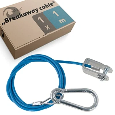 Image of valonic breakaway cable for trailers and caravans, 1m, blue, with carabiner, 250kg breaking load, fork head (shackle), ripcord